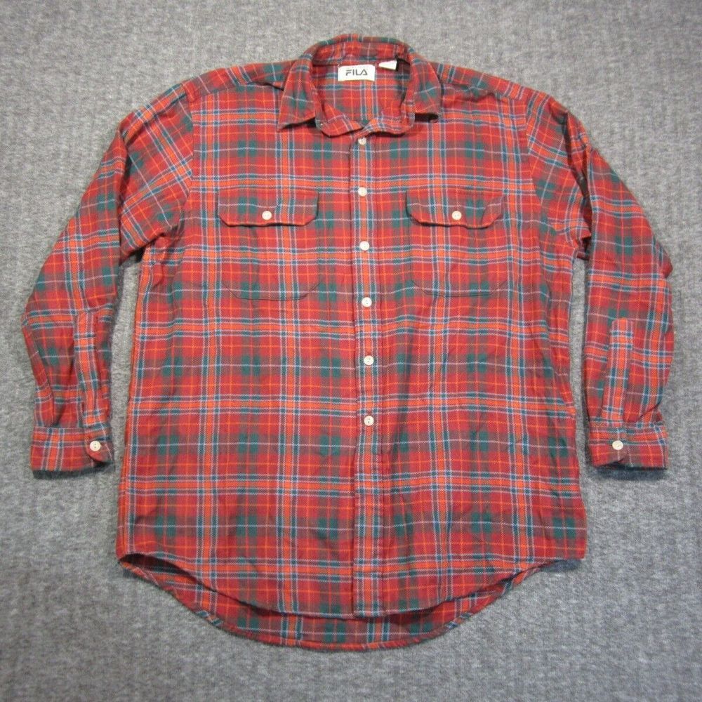Vintage Fila Flannel Button Up Shirt Mens Red Green Tartan Plaid Long Sleeve 90s